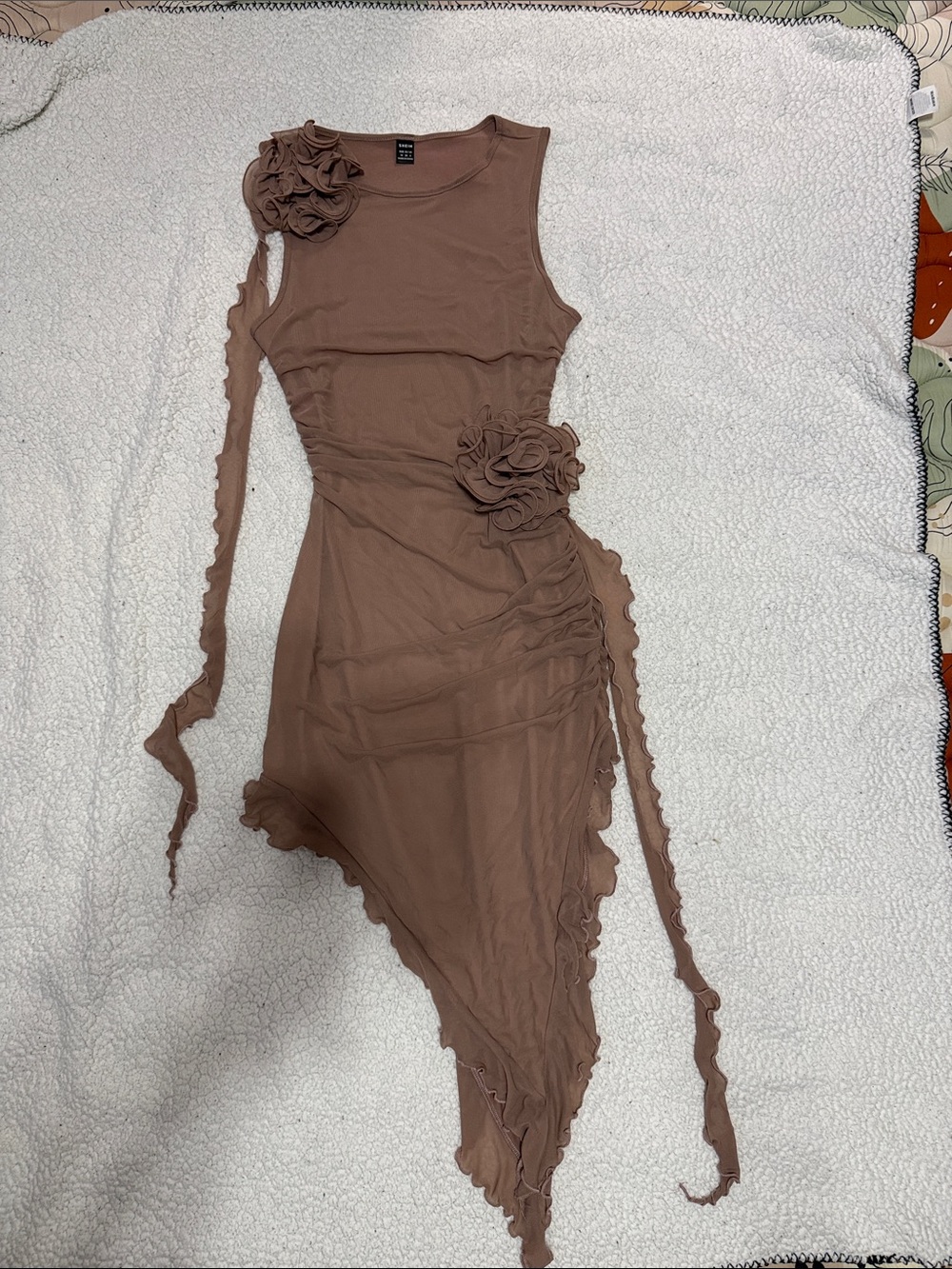 SHEIN Taupe Asymmetrical Handkerchief Hem Dress with Floral Appliqués